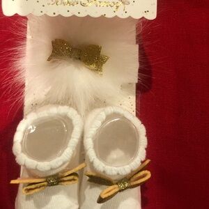 White and Gold Baby Booties with Bow